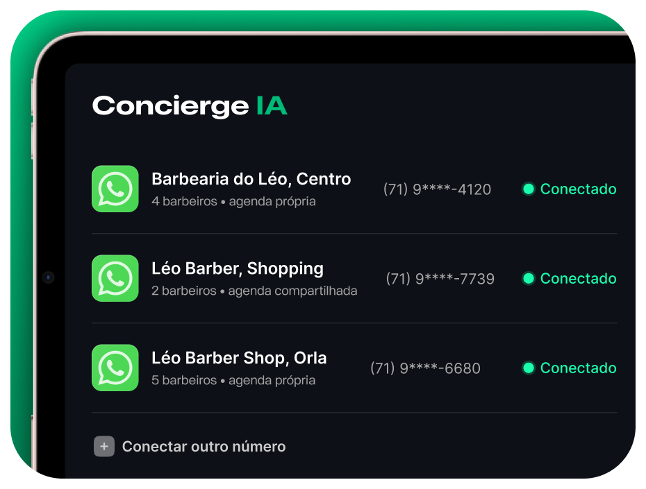 Painel do Concierge IA com múltiplos números de WhatsApp conectados